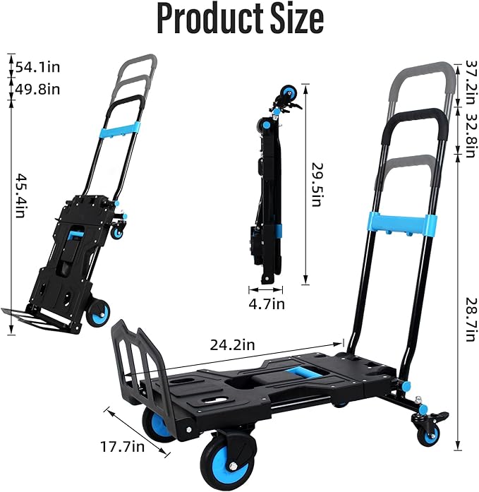 Folding Hand Truck, Collapsible Dolly Cart with Wheels, 330lbs Capacity Hand Dolly Heavy Duty with Retractable Handle, Ideal for Home, Auto, Office,Travel Use