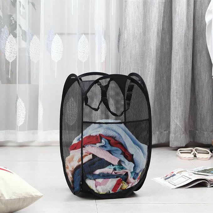 Larpur Popup Mesh Laundry Basket, Collapsible and Portable Clothes Washing Laundry Hamper with Reinforced Carry Handle (Black 2pcs)