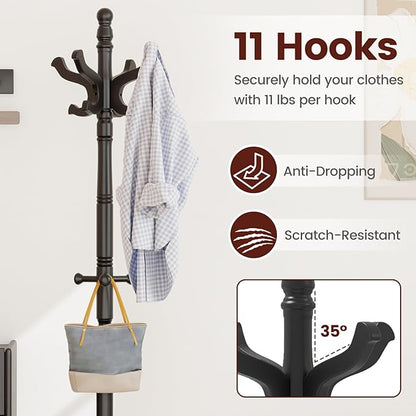 Giantex Solid Wood Coat Rack, Freestanding Hall Tree with 3 Adjustable Heights and 11 Hooks, Rubber Wood Frame, Entryway Hanger Stand, Wooden Garment Rack for Hallway, Living Room (Black)