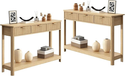 Set of 2 Console Table with Drawers, Modern 47.1" Entryway Table with Storage Shelf, Boho Narrow Skinny Behind Couch Wood Sofa Table for Living Room Hallway Entrance Foyer,Natural