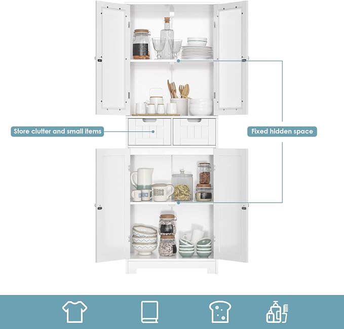 HORSTORS 67" Tall Bathroom Storage Cabinet, Freestanding Linen Cabinet with Glass Door and Shelves, Kitchen Pantry with 2 Drawers for Bathroom, Living Room, Dining Room, Office, White