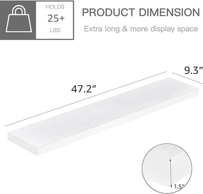 QEEIG Floating Shelves for Wall 47.2" Extra Long - Wall Mounted Shelf Bathroom Kitchen Living Room Bedroom Farmhouse Home Decor Display Bookshelf Large 47.2 x 9.3 inch Set of 2, White (008-120W)