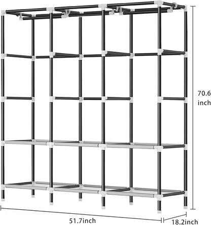 LOKEME Wardrobe Closet,Portable Closet for Bedroom Steel Pipe Diameter 19mm Strong and Sturdy Beige Portable Closets for Hanging Clothes with 3 Hanging rods, 6 Storage Shelves and Side Pocket