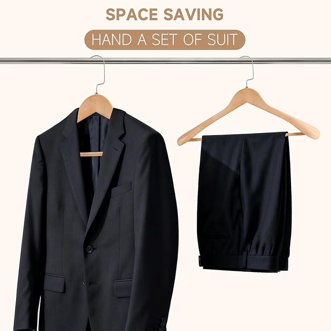 2-Pack Premium Wide Shoulder Wooden Suit Hangers, 17.5" Heavy-Duty Solid Wood Coat Hangers with Pant Bar for Men's Heavy Garments, Blazers, Jackets (Natural Wood)