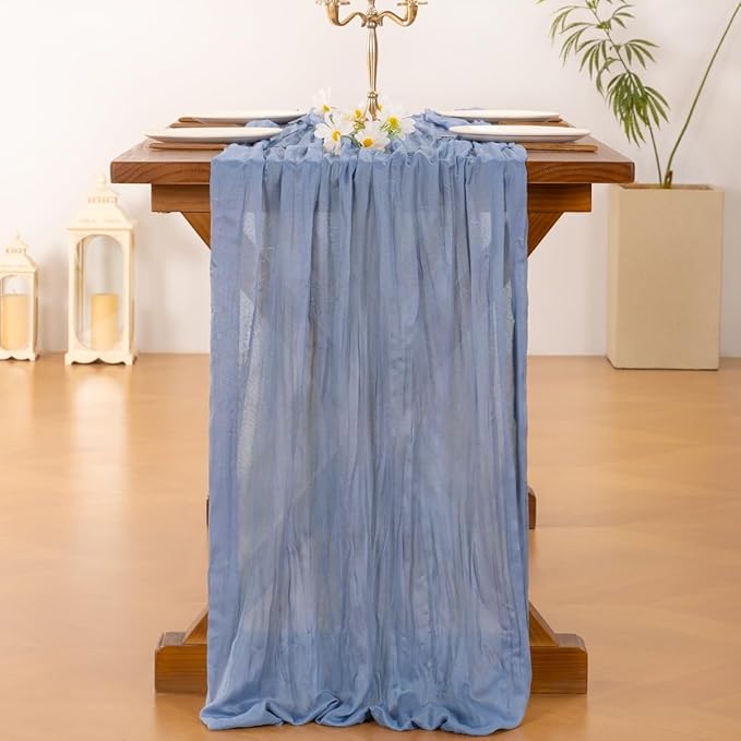 Socomi 6pcs Dusty Blue Valentine's Day Cheesecloth Table Runner Boho Rustic Gauze 120 inch 10FT Cheese Cloth Runner for Wedding Party Baby Shower Birthday Home Decor Holiday Decorations