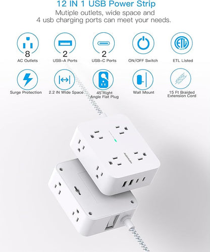 Surge Protector Power Strip 15 Ft Long Cord, HANYCONY Extension Cord 15 Feet with 8 Outlets 4 USB Ports(2 USB C), Flat Plug, Desk Charging Station for Home Office College Dorm Room Essentials