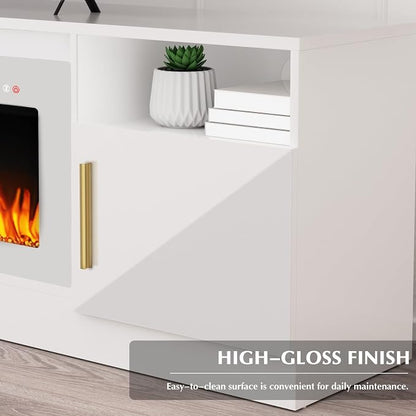 LEMBERI 70" TV Stand with 36" White Electric Fireplace, 750W/1500W Entertainment Center for TVs up to 80", 20-Color LED, 300lbs Max Capacity High Gloss Cabinet Console, All-White Style