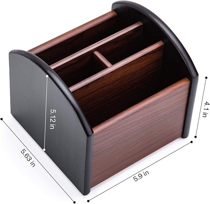 MaxGear Remote Control Holder Caddy, Wooden Desk Organizer with 4 Compartments, Multifunctional Storage for Remote Controls, TV & Office Supplies, Ideal for Tabletop
