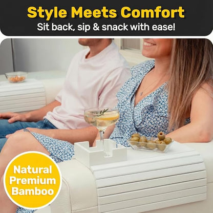FUN FOREST Bamboo Couch Holder - Non-Slip Furniture Protector, Sofa Armrest Table for Mugs & Tumblers – Weighted 16” Large White Bamboo Holder for Recliners and Loveseats