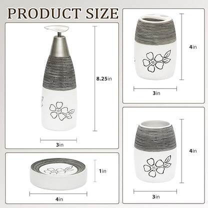 CERBIOR Bathroom Accessories Set,4 Pcs Ceramic Bathroom Decor Accessory,Includes Toothbrush Holder, Toothbrush Cup, Soap Dish for Decorative Countertop and Housewarming Gift, (White Flower)