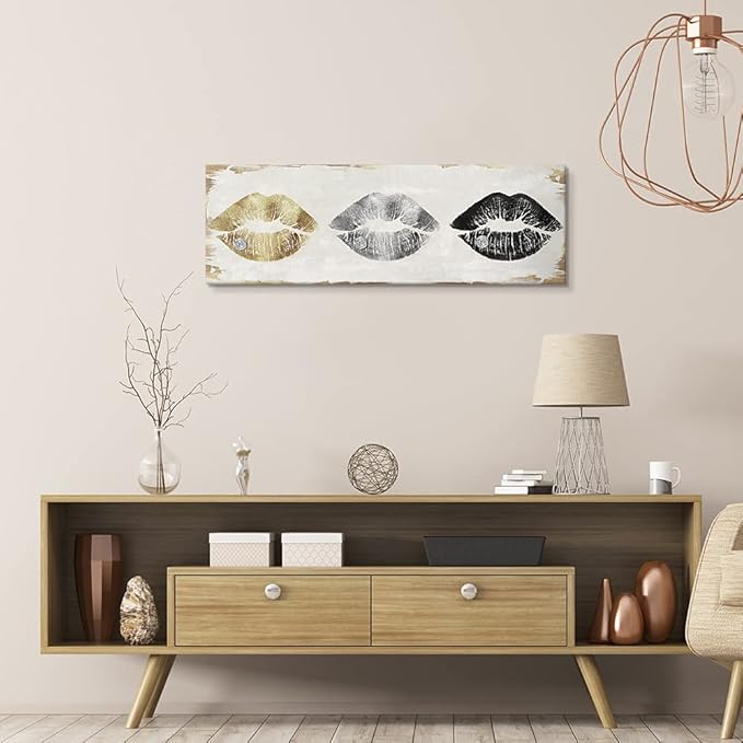 7CANVAS Gold and Silver Lip Canvas Art Retro Poster Sexy Pictures for Bedroom Makeup Room Bathroom Home Decoration 36x12Inch