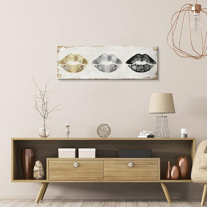 7CANVAS Gold and Silver Lip Canvas Art Retro Poster Sexy Pictures for Bedroom Makeup Room Bathroom Home Decoration 36x12Inch