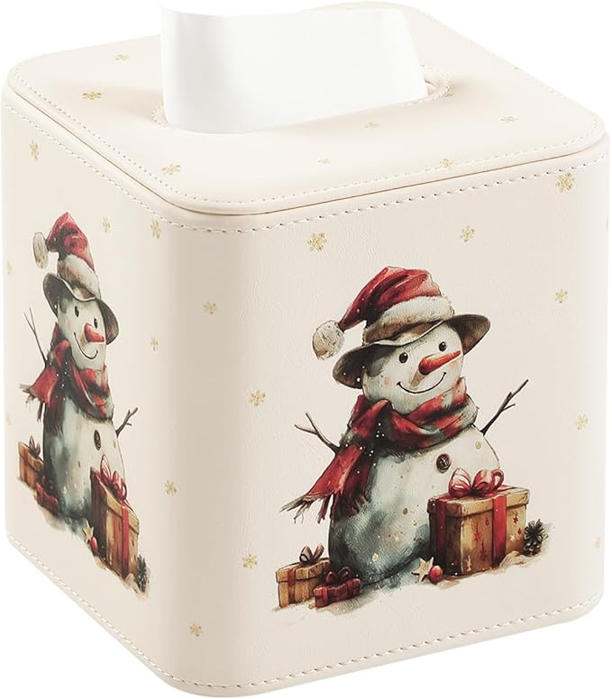 MEIBOOCH PU Leather Tissue Box Cover with Magnetic Closure, Square Tissue Box Holder with Rounded Edges Design (Snowman, Square)