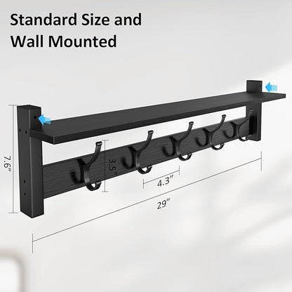 Coat Rack Wall Mount with Shelf, 29 Inch Coat Hanger Walls Mounted, Hat Rack for Walls, Shelf with 5 Coat Hooks, Wall Hanger for Entryway (Black)