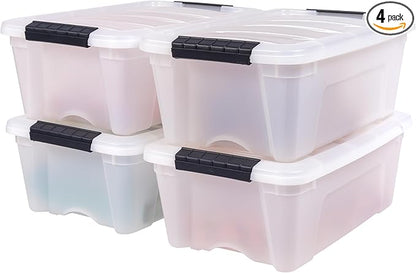 IRIS USA 13 QT Plastic Storage Box with Lid and Latches - 4 Pack - BPA-Free, Discreet Organizing Solution, Durable Nestable Stackable Containers, Secure Pull Handle - Pearl