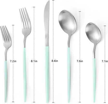 VANVRO Matte Green Silver Silverware Set, 20-Piece Stainless Steel Flatware Set, Satin Finish tableware Cutlery Set, Service for 4, Home and Restaurant, Dishwasher Safe