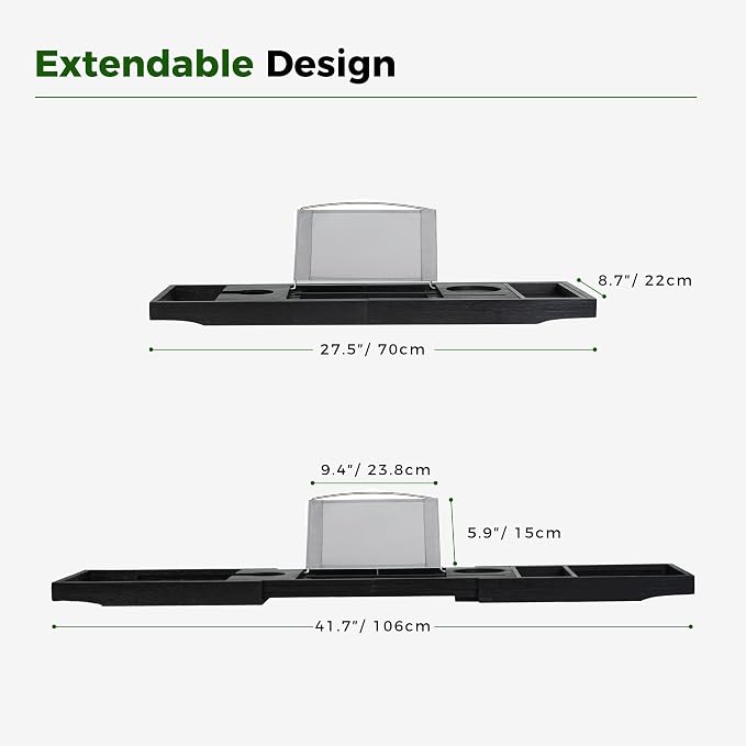 Utoplike Bamboo Bathtub Tray Caddy, Black Bath Tray Table for Tub, Adjustable Bathroom Organizer with Book Tablet Wine Glass Cup Towel Holder
