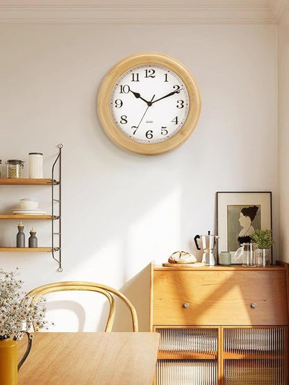 Kesin Wooden Wall Clocks 14 Inch Silent Wall Clock Large Decorative Battery Operated Non Ticking Analog Modern Clock for Living Room Kitchen Bedroom, Natural Grain