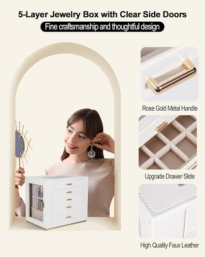 GUOER Jewelry Box 5 Layer for Women, Glass Lid Jewelry Organizer with 5 Drawers for Necklaces Rings Earrings Bracelets, Functional PU Leather Jewelry Storage Case Holder (White)