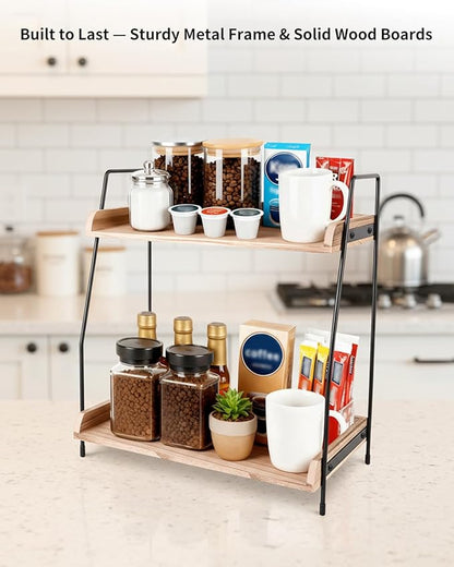 Coffee Bar Organizer for Countertop, 2-Tier Coffee Station Organizer with Metal Frame & Wooden Shelves, Coffee Accessories Organizer Rack for Pods, Syrups, Cups & Tea Bags (Brown)