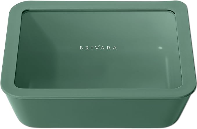 BRIVARA HOME Ceramic Coated Glass Food Storage Container | No PTFE, PFOA, PFAS, and BPA | Reusable Non Toxic Meal Prep Container with Glass Lid | Easy To Store | 11 Cup Rectangle [Pine]