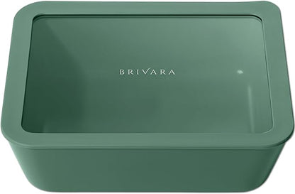 BRIVARA HOME Ceramic Coated Glass Food Storage Container | No PTFE, PFOA, PFAS, and BPA | Reusable Non Toxic Meal Prep Container with Glass Lid | Easy To Store | 11 Cup Rectangle [Pine]