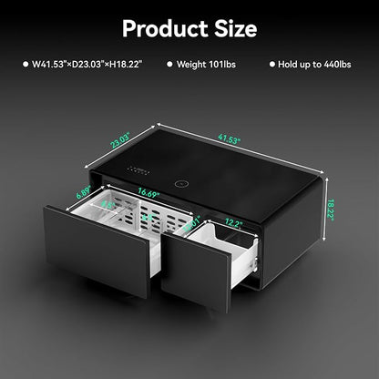 Smart Coffee Table with Fridge and Bluetooth, Smart Living Room Table with Frozen Drawers, Dual Speakers, 15W Wireless Charger, Touch Control, USB Ports, Atmosphere Light, LT90 Ultra-Black