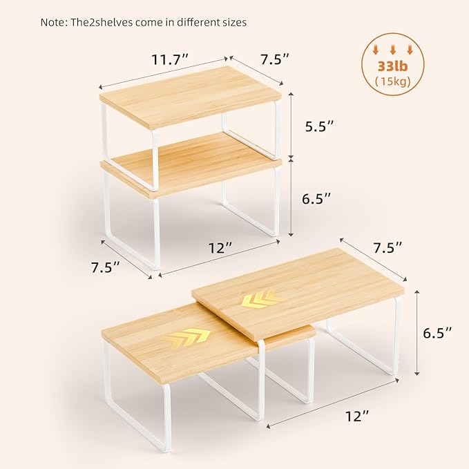 Ekisemio Kitchen Cabinet Organizer, Bamboo Spice Rack Organizer for Cabinet, Stackable & Expandable Counter Shelves, Set of 4, White and Natural