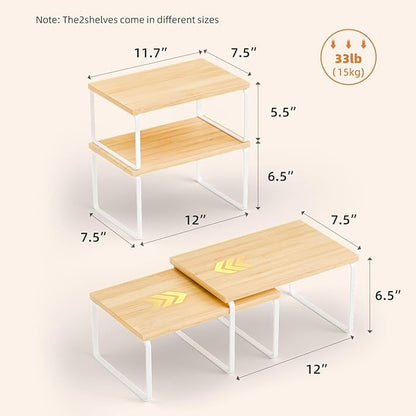 Ekisemio Kitchen Cabinet Organizer, Bamboo Spice Rack Organizer for Cabinet, Stackable & Expandable Counter Shelves, Set of 4, White and Natural