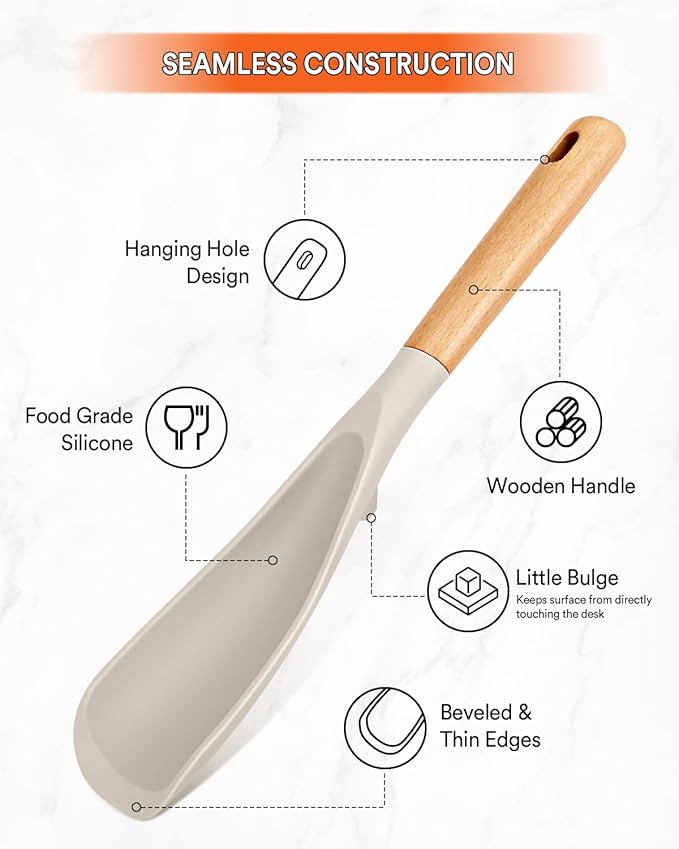 Cooking Spoon for Nonstick Cookwares, Great for Cooking and Serving Sturdy BPA-Free Matte Silicone, Wood Handle Spoon for Mixing, Scoop, and Scrape (KHAKI, 11.4 inch)