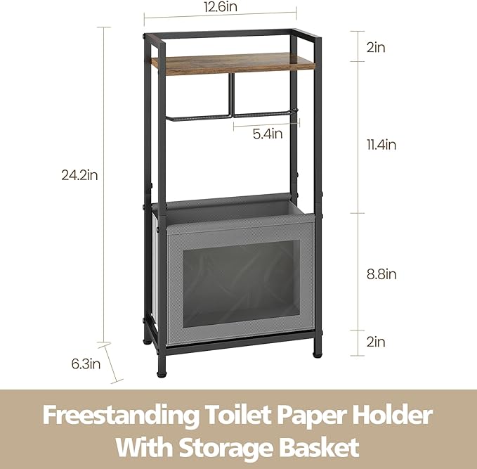 Toilet Paper Holder Free Standing with Storage Basket, Bathroom Tissue Holder Stand with Top Wood Shelf for Phones, Wet Wipes, Small Plants, Metal Toilet Paper Rack for Bathroom Organizer, Black