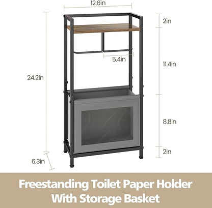Toilet Paper Holder Free Standing with Storage Basket, Bathroom Tissue Holder Stand with Top Wood Shelf for Phones, Wet Wipes, Small Plants, Metal Toilet Paper Rack for Bathroom Organizer, Black