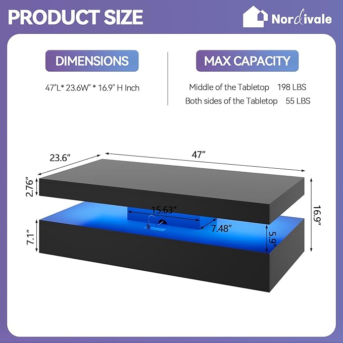 47” High-Glossy LED Coffee Table with 2 Sliding Drawers, Living Room Storage Coffee Tables, Modern Stylish Double-Layer Center Tables with LED Lights, Black