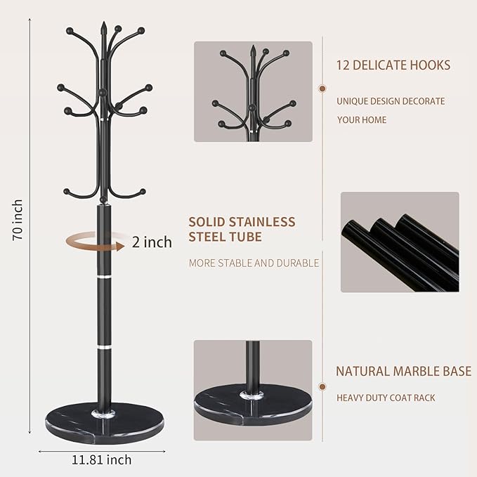 Modern Metal Coat Rack Stand, Coat Rack Freestanding with Natural Marble Base, Sturdy Heavy Duty Coat Racks with 12 Hooks, Black Coat Hall Tree Stand for Entryway, Office (12 HOOKS-Black)