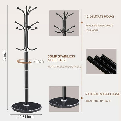 Modern Metal Coat Rack Stand, Coat Rack Freestanding with Natural Marble Base, Sturdy Heavy Duty Coat Racks with 12 Hooks, Black Coat Hall Tree Stand for Entryway, Office (12 HOOKS-Black)
