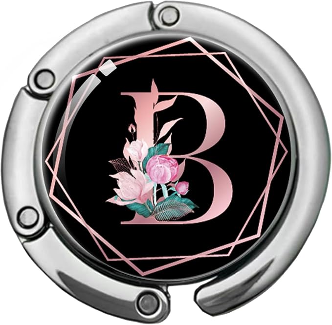 Pink Initial Foldable Purse Hook, Flower Letter Handbag Hanger, Women's Bag Hanger Hook, Round Purse Table Hook, Funny Desk Hook Gift for Family Colleague Friend Office Worker (Flower B)