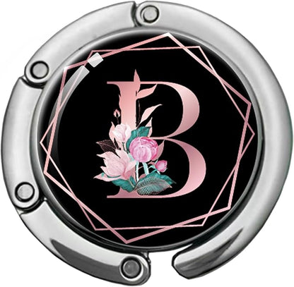 Pink Initial Foldable Purse Hook, Flower Letter Handbag Hanger, Women's Bag Hanger Hook, Round Purse Table Hook, Funny Desk Hook Gift for Family Colleague Friend Office Worker (Flower B)
