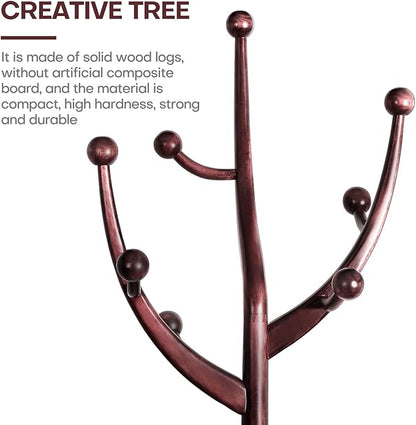 Bekrvio Coat Rack Freestanding Wood Tree Rack with 8 Hooks, Creative Design Tree Branch-look, Coat Tree Clothes Hanger Stand with Stable Sphere Base for Entryway, Hallway, Bedroom (Wine Red)