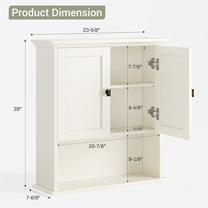 Bathroom Wall Cabinet, Wooden Medicine Cabinet Over Toilet Storage Cabinet with Doors and Adjustable Shelf Wall Mounted Storage Organizer Cabinet Above Toilet (Cream White)