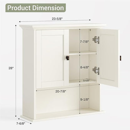 Bathroom Wall Cabinet, Wooden Medicine Cabinet Over Toilet Storage Cabinet with Doors and Adjustable Shelf Wall Mounted Storage Organizer Cabinet Above Toilet (Cream White)