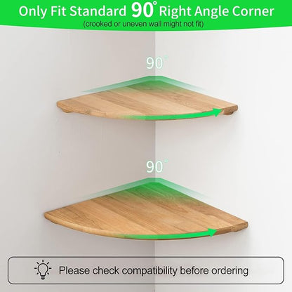 Conamily Corner Shelf,16inch Natural Oak Solid Wood Floating Corner Shelves Wall Mount Round End Floating Speaker Rack with Wire Hole for Small Plant for Bedroom Kitchen, Living Room