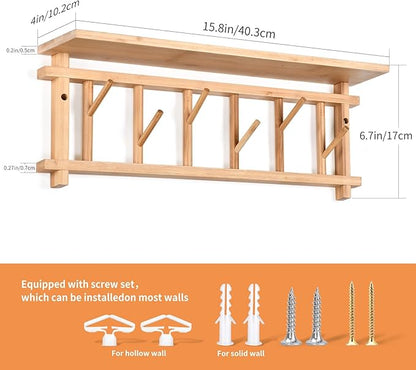 Coat Rack Wall-Mounted with Shelf Coat Hooks Wall Mount with Shelf Entryway Hanging Shelves with 6 Rotating Hooks for Hallway/Living Room/Bedroom/Kitchen (Bamboo)