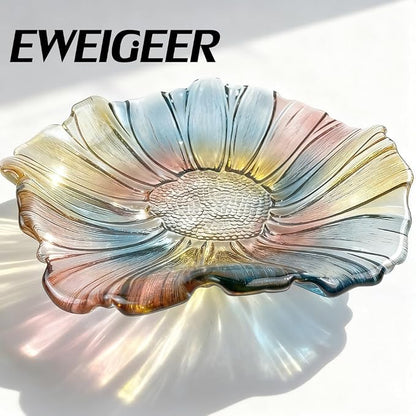 11.5-inch Crystal Glass Colorful Fruit Bowl Dessert Cake Candy Snack Plate,Art Sunflower-shaped,Large Size,Cool Design