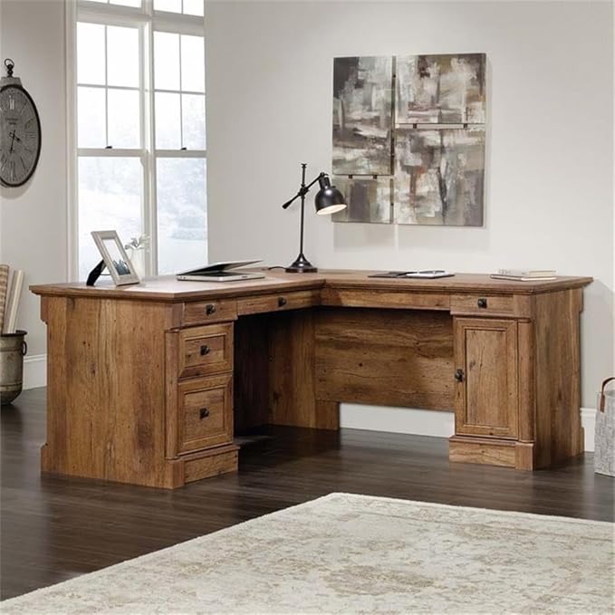 Pemberly Row Home Office L Shaped Corner Desk with Computer Tower Storage and Letter/Legal File Drawer, Vintage Oak