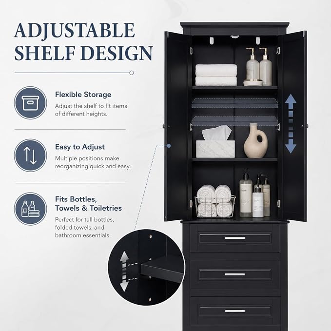 Storage Cabinet, Tall Bathroom Cabinet with Adjustable Shelf | Tall storage cabinet, upper enclosed cabinet and 3 pull-out compartments keep daily essentials organized