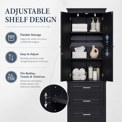Storage Cabinet, Tall Bathroom Cabinet with Adjustable Shelf | Tall storage cabinet, upper enclosed cabinet and 3 pull-out compartments keep daily essentials organized