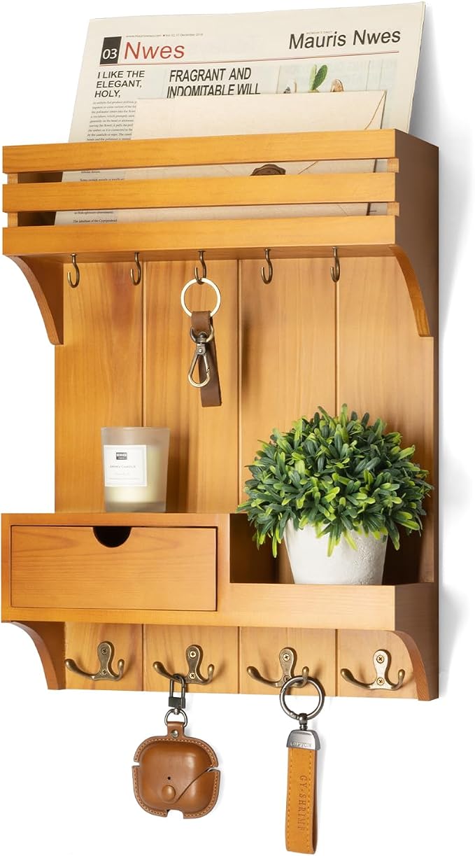 Rebee Vision Farmhouse Key Holder Wall Mount with Mini Drawer Organizer – Mail Organizer with 9 Key Hooks – Ideal Home Decor for Entryway, Hallway, and Bedroom (Light Brown)