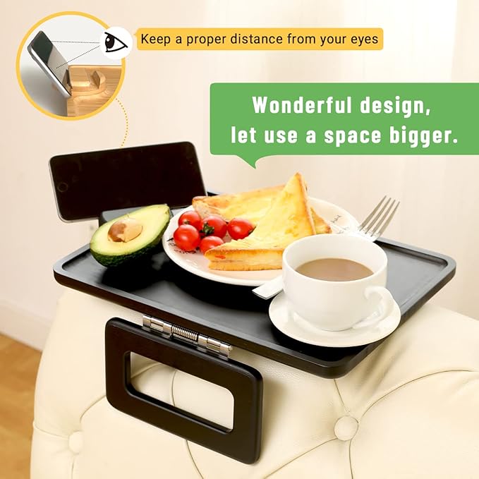 Smatdecis Couch Arm Tray Table Sofa Arm Clip, Armrest Tray Table Suitable for Home Drinks/Fast Food/Fruit Etc, Large Size Multi-Function Black(360° Rotating Stand A)