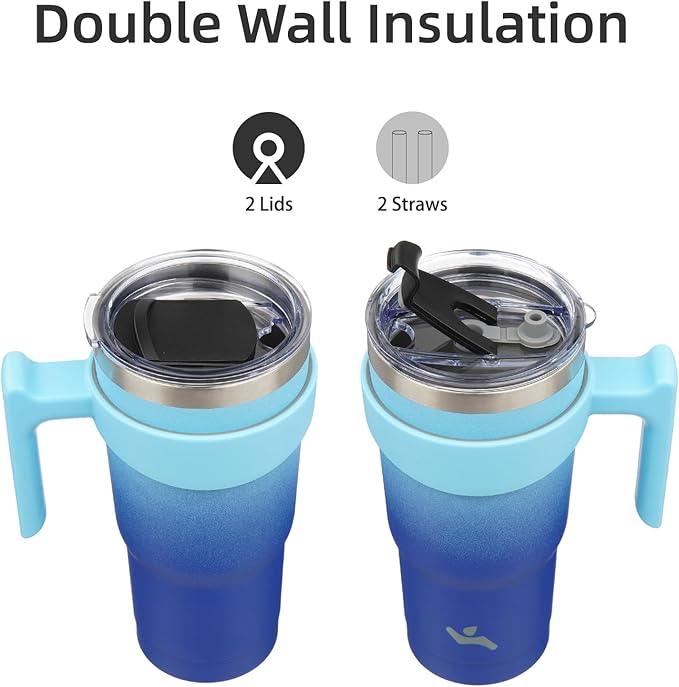 20 oz Tumbler with Handle and 2 Straw 2 Lid, Insulated Water Bottle Stainless Steel Vacuum Cup Reusable Travel Mug,Sky