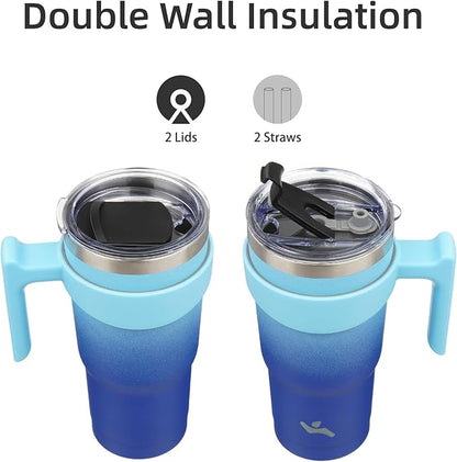 20 oz Tumbler with Handle and 2 Straw 2 Lid, Insulated Water Bottle Stainless Steel Vacuum Cup Reusable Travel Mug,Sky